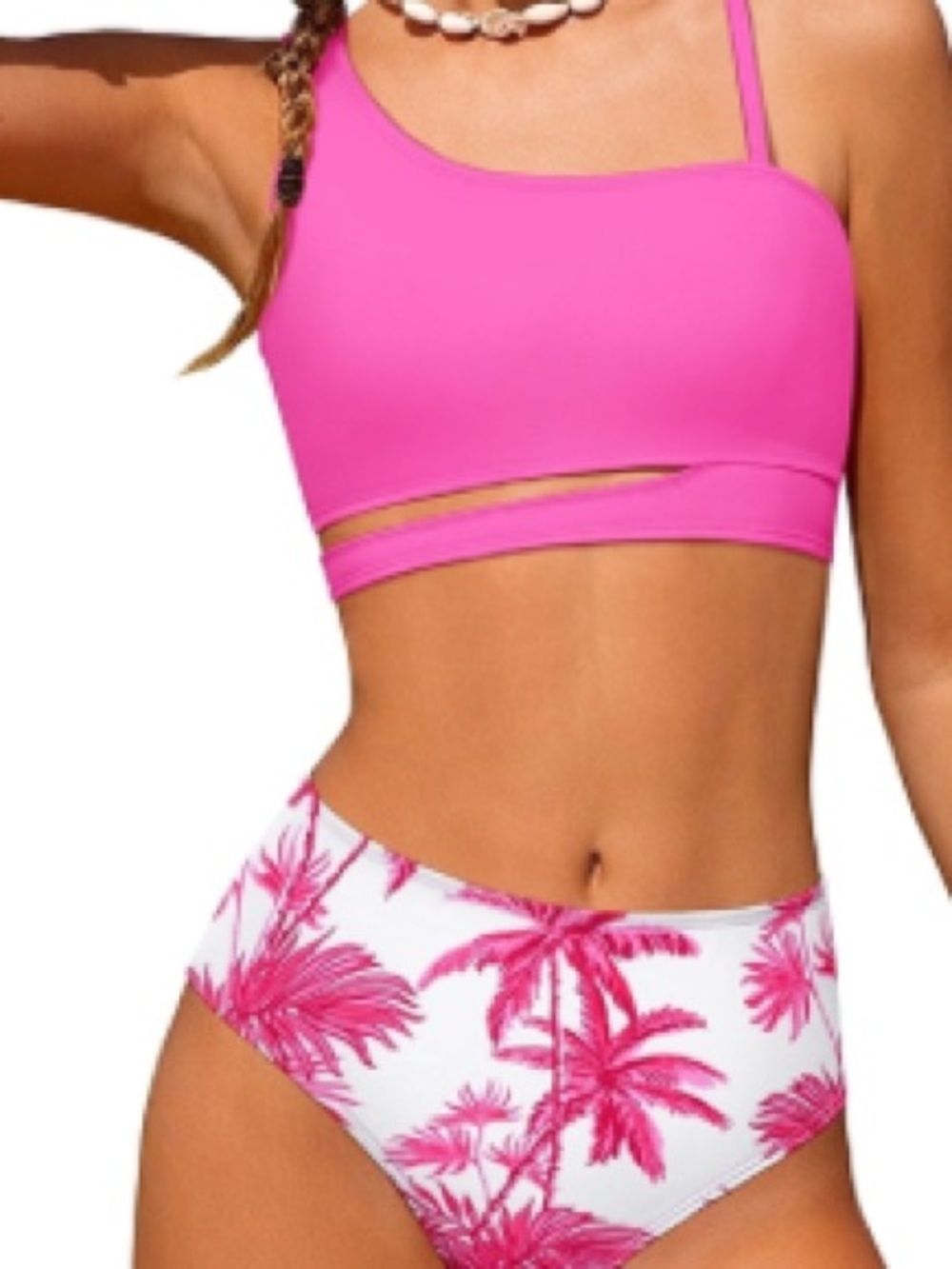 NEW- 13-14 Girls Pink One-Shoulder Cutout Bikini Top with Tropical Print Bottoms - Picture 8 of 8